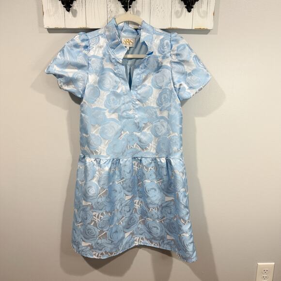 SSYS The Palmer Puff Sleeve Drop Waist Brocade Dress Blue Size S EUC - Picture 2 of 6